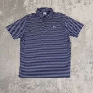 Under Armour Polo Shirt Mens XL Blue Striped HeatGear Loose Fit Golf Athletic